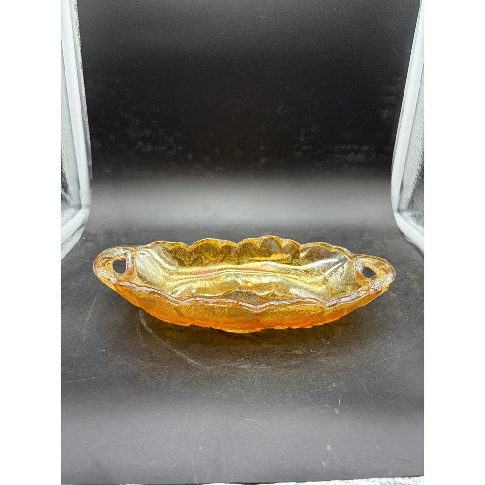 Vintage Marigold Carnival Glass Sunflower Relish Dish Iridescent Amber Bowl‎